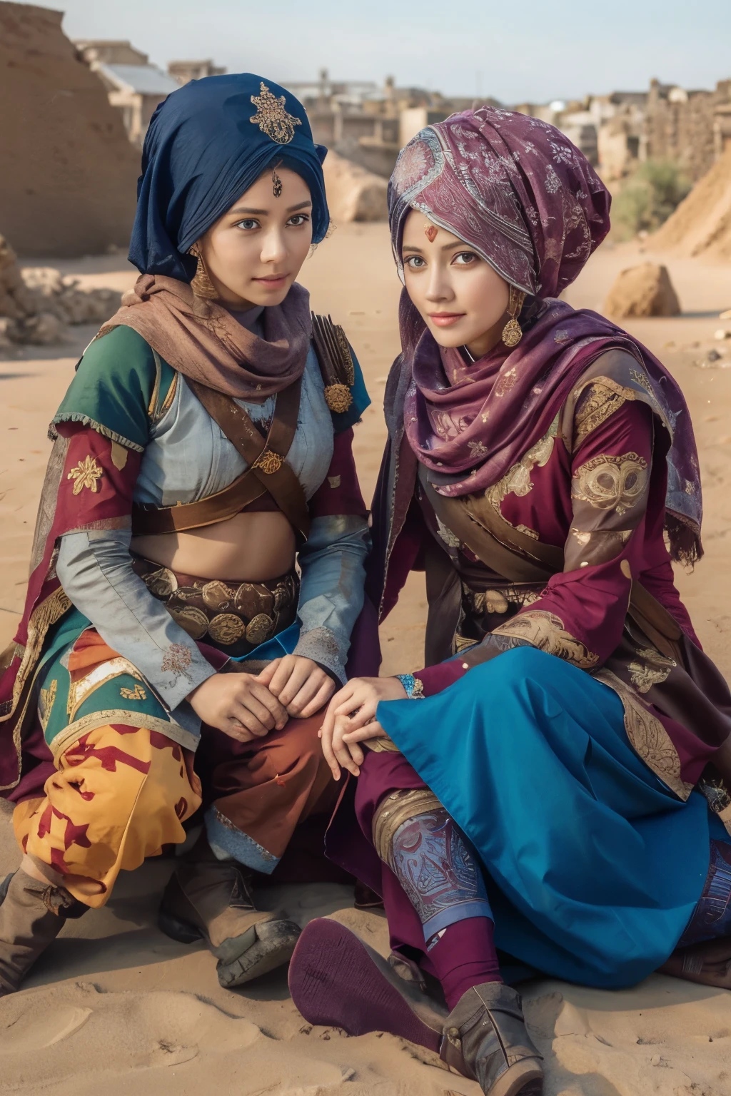 All faces and pictures must be different, two female oen soldiers with colorful robes, sitting,dynamic pose,big eyes,magical world,fantastic world