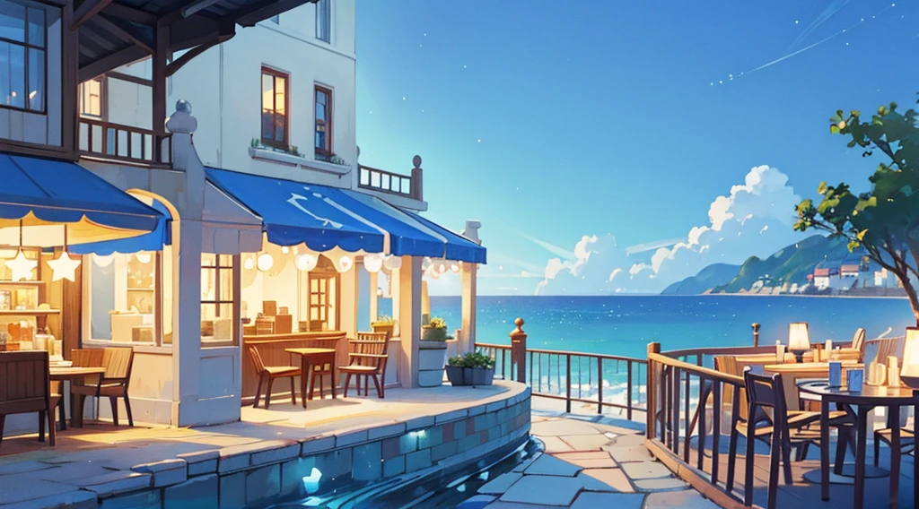 seaside cafe terrace, summer blue sky, star shaped lighting, calming scenery