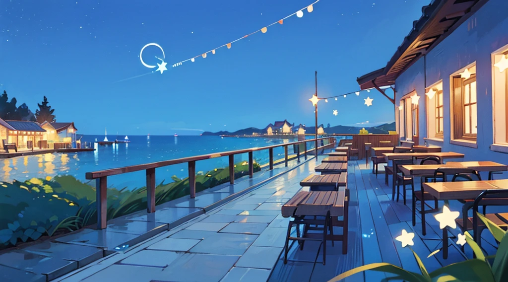 seaside cafe terrace, summer blue sky, star shaped lighting, calming scenery