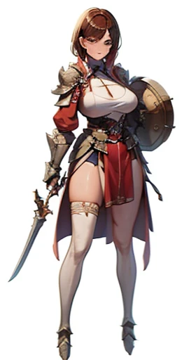 (((Best Quality))) , ((full body)), female, reference sheet, solo, (white background), holding weapon, cloak, gauntlets, holding shield, leotard, armored dress, waist armor, loincloth, pelvic curtain,  blue, orange, green, violet, brown, white, thigh high,