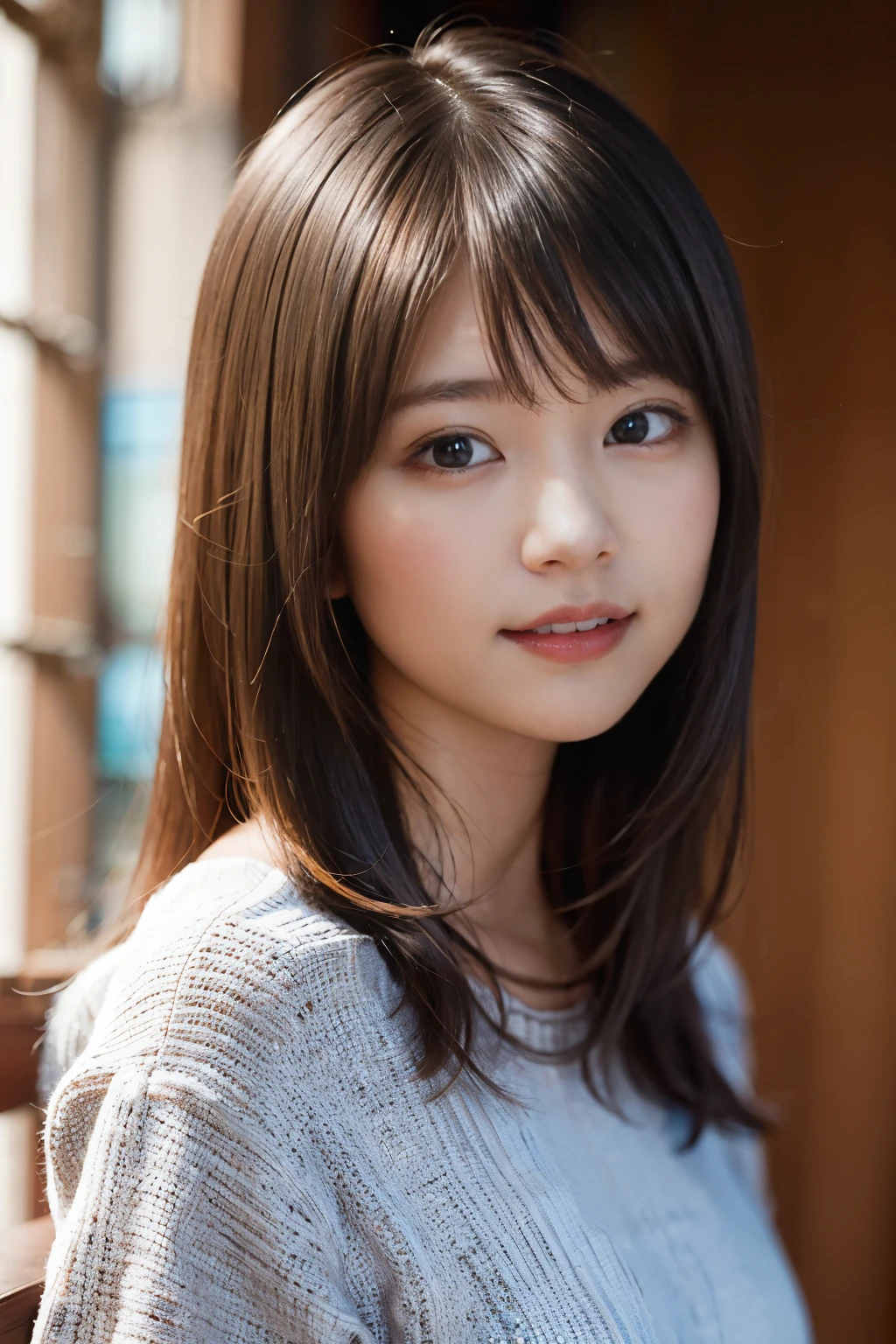 (8k、RAW Photography、top-quality、masterpiece:1.2)、(realisitic、Photorealsitic:1.37)、ultra-detailliert、超A high resolution、1人、don't look at the viewer、beautifull detailed face、a smile、Constriction、(slim waist) :1.3)、The shirt、Beautiful detailed skin、Skin texture、floated hair、profetional lighting、25-year-old female、