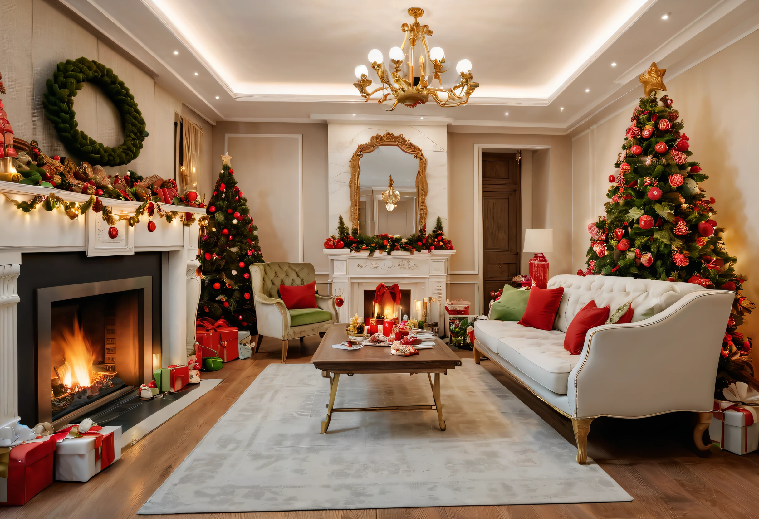 (Christmas interior design:1.8), ultra real photo, tmasterpiece, Best quality at best, ultra - detailed, 超高分辨率, RAW photogr,(Christmas living room),(圣诞豪华decor),A fusion of gorgeous Christmas elements and symmetry,(落地窗充满温暖的圣诞lamplight),((Beautiful Christmas tableware placed in the center,Sofa and seats made of red and green Christmas elements)),Mild color,(墙上挂着巨大的Christmas wreath),(Christmas unique style),((墙壁decor以圣诞元素decor,The fireplace is warm、Lanterns hanging on the stairs、Colorful gifts wrapped under the Christmas tree、The floor is piled with gifts、wooden floor、decor的松树、镶wooden floor、Manteaed and green、Christmas atmosphere、传统的Christmas atmosphere、Merry Christmas、gift tags、Christmas wreath、decor、metal ribbon、Christmas tree lights、Sweets and snacks,Gingerbread Man,lamplight)),Complements the mirror wall,Broaden the sense of space。(Ornate ceiling design with Christmas elements,圣诞灯饰充满温暖柔和的lamplight), European Christmas style living room,ultra real photo,Extremely detailed and highest quality CG Unity 8K wallpapers