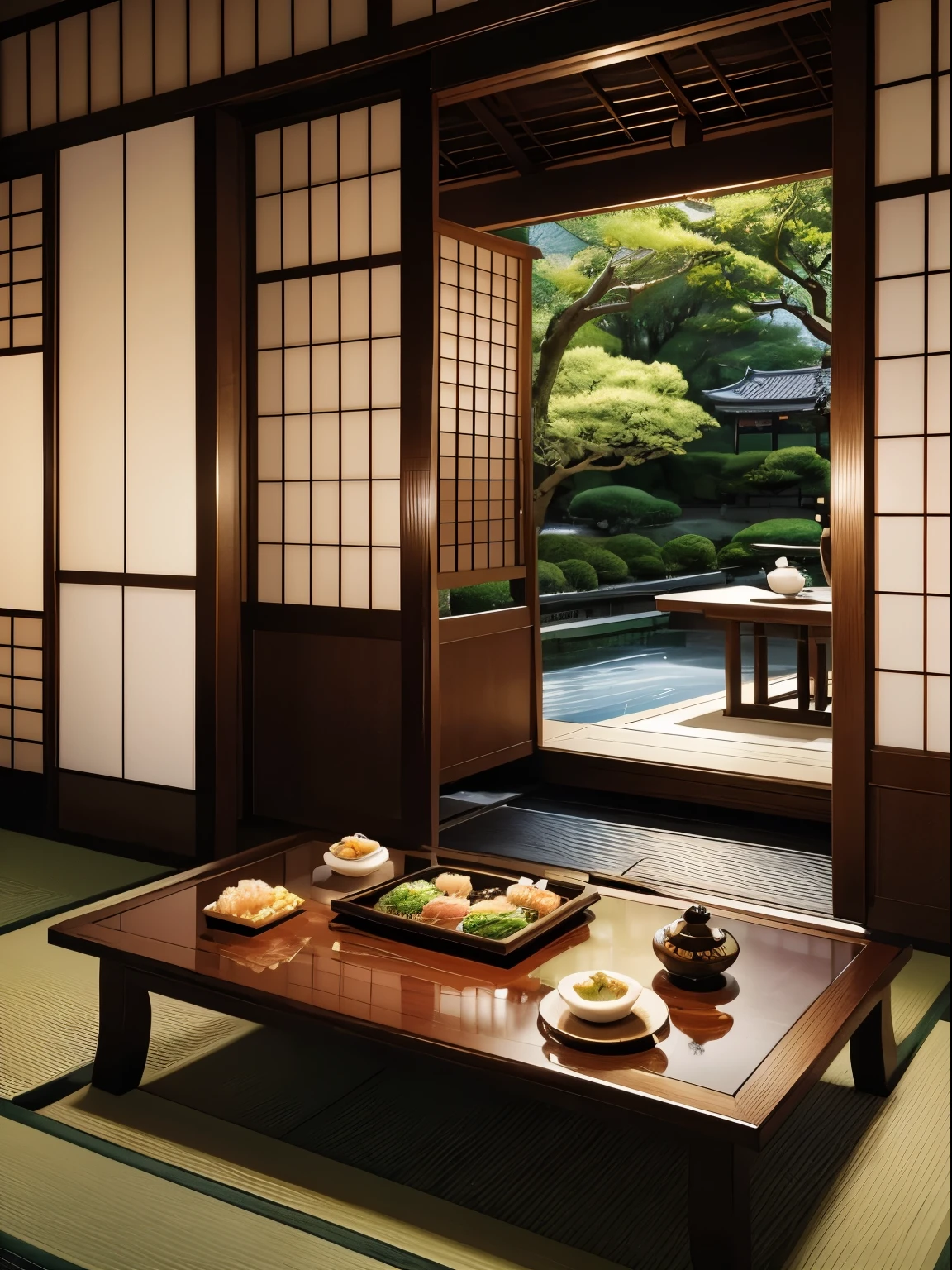 (best quality,highres,realistic:1.2),traditional,Japanese,perfectly composed,extravagant kaiseki,meticulous presentation,master chef's creation,luxurious dining experience,delicate porcelain tableware,fresh ingredients,sophisticated flavors,harmonious color palette,presented on a polished wood table,subtle lighting,sublime atmosphere,exquisite sashimi arrangement,beautifully sliced fish,served with wasabi and soy sauce,assortment of intricate sushi rolls,carefully crafted tempura,crispy batter,delightful texture,tender grilled Wagyu beef,marbled perfection,served with seasonal grilled vegetables,artfully arranged small dishes,each showcasing a unique flavor,traditional green tea ceremony,authentic tea set,meticulously performed by a tea master,tranquil garden view through a sliding door,traditional Japanese aesthetic,elegance and simplicity.