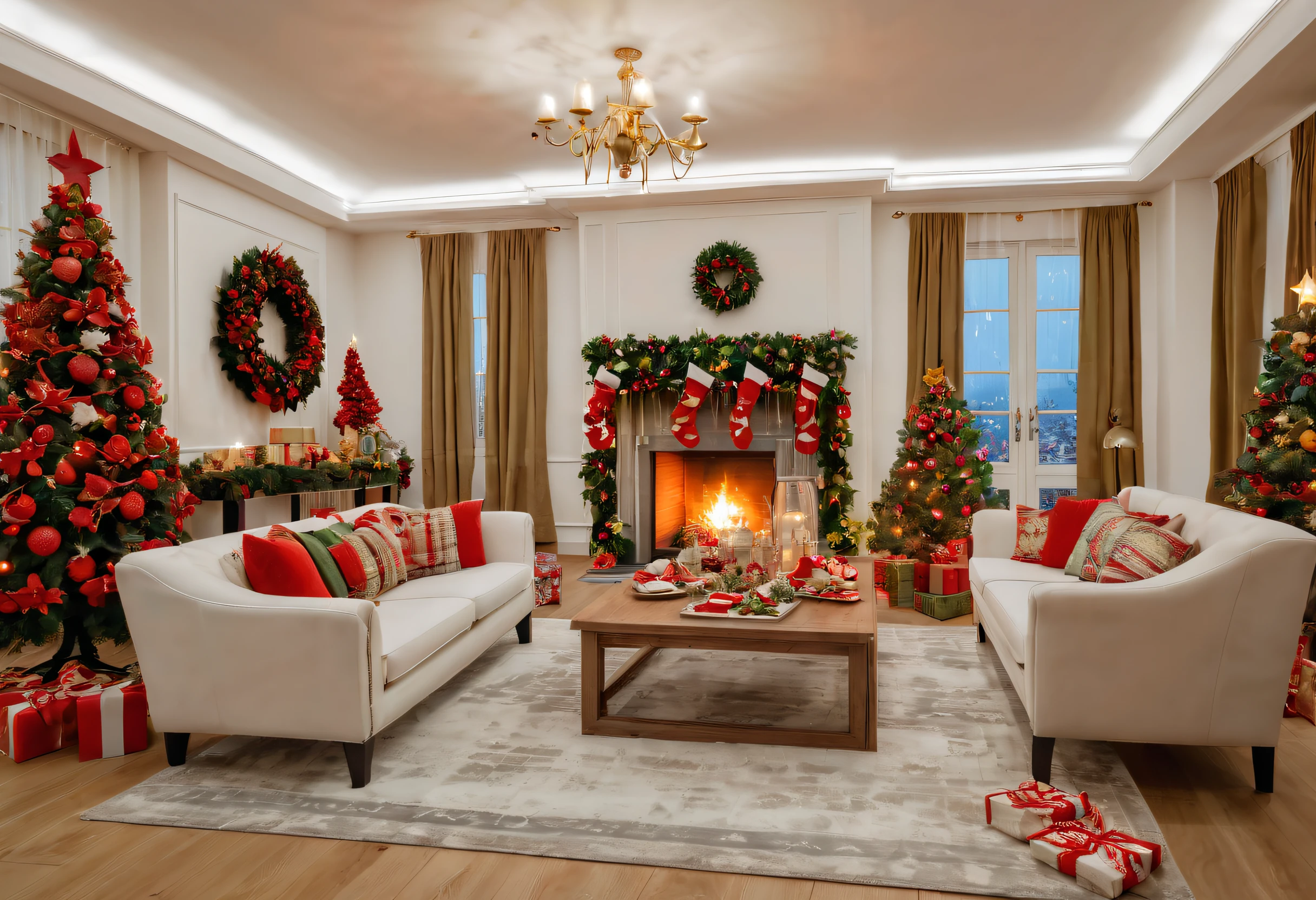 (Christmas interior design:1.8), ultra real photo, tmasterpiece, Best quality at best, ultra - detailed, 超高分辨率, RAW photogr,(Christmas living room),(圣诞豪华decor),A fusion of gorgeous Christmas elements and symmetry,(落地窗充满温暖的圣诞lamplight),((Beautiful Christmas tableware placed in the center,Sofa and seats made of red and green Christmas elements)),Mild color,(墙上挂着巨大的Christmas wreath),(Christmas unique style),((墙壁decor以圣诞元素decor,The fireplace is warm、Lanterns hanging on the stairs、Colorful gifts wrapped under the Christmas tree、The floor is piled with gifts、wooden floor、decor的松树、镶wooden floor、Manteaed and green、Christmas atmosphere、传统的Christmas atmosphere、Merry Christmas、gift tags、Christmas wreath、decor、metal ribbon、Christmas tree lights、Sweets and snacks,Gingerbread Man,lamplight)),Complements the mirror wall,Broaden the sense of space。(Ornate ceiling design with Christmas elements,圣诞灯饰充满温暖柔和的lamplight), European Christmas style living room,ultra real photo,Extremely detailed and highest quality CG Unity 8K wallpapers
