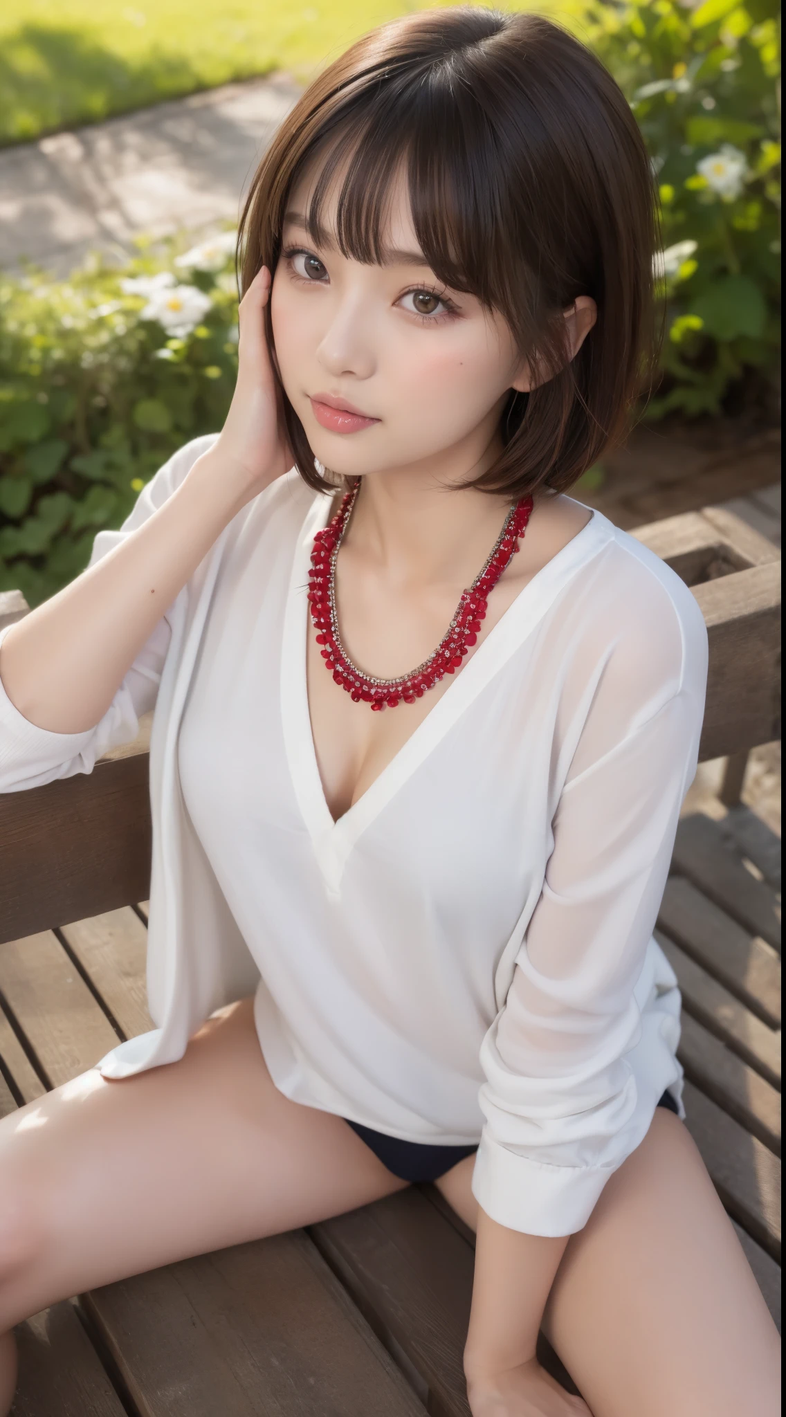 (top-quality, 8K, masterpiece:1.3), 超A high resolution, Best Quality, 1girl in, ((full body Esbian:1.5)), petite girl in, age 22, Pretty Woman, short-hair, Bangs, Brown hair, Moisturize with sweat, ((long nipples, The shirt:1.0)), a miniskirt, Sitting on a park bench, red eye shadow,red blush, Highly detailed facial and skin texture, Beautiful detailed eyes, finely detail, Natural Color Lip, Her thighs are slightly open and you can see her white panties.., Five Fingers, normal hands, small mouth, Angle of view of the whole person, 耳环, a necklace, Long Focus,