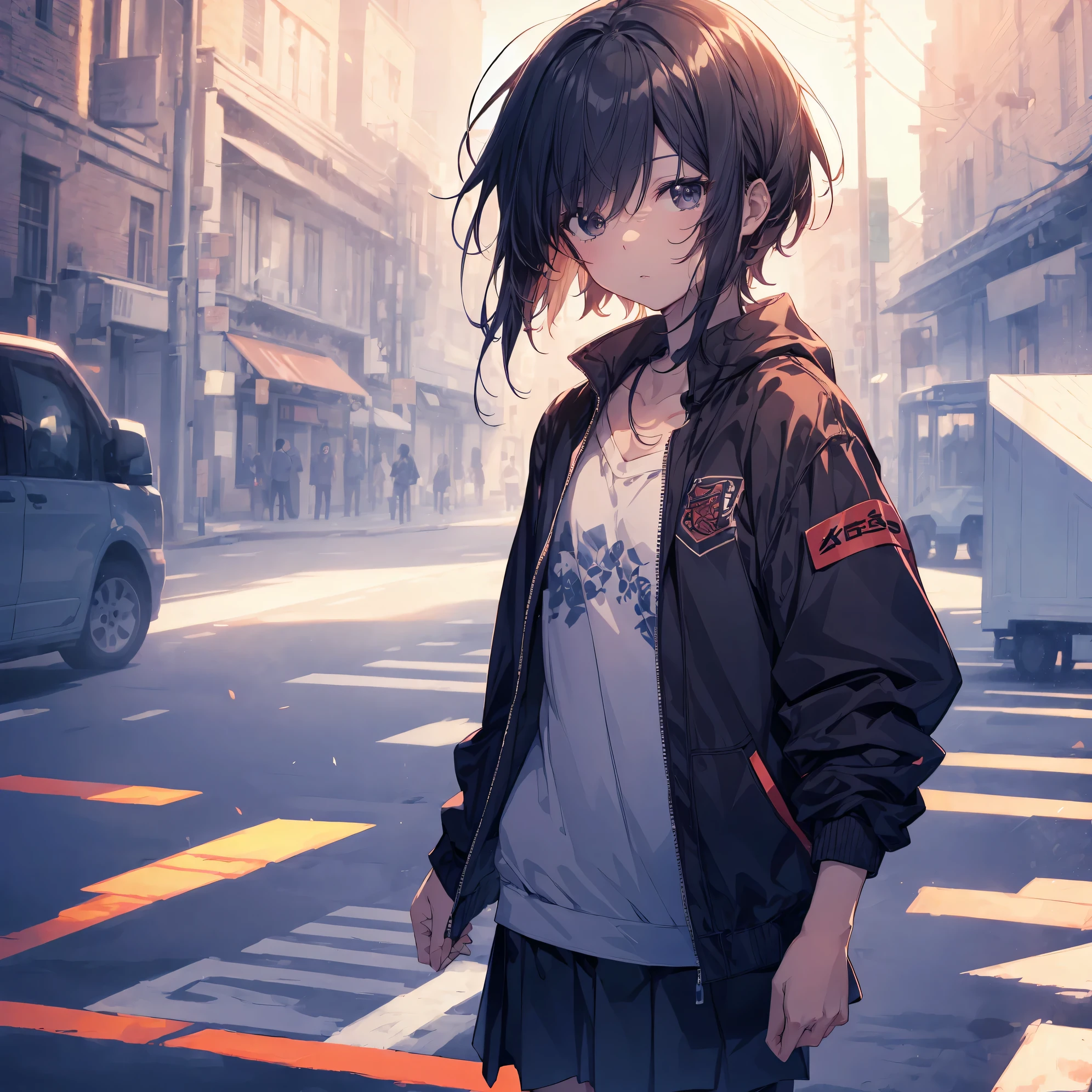 Super high quality by the art god, Ultra-detailed, High resolution, Shinkai Makoto style, anime moe art style, best anime 8K konachan wallpaper, Pixiv Contest Winner, Perfect Anatomy, BREAK,(Please draw a sleepy girl going to school alone.. ),BREAK, 1girl in, (Solo,Lori,child,13years:1.3),Full limbs, complete fingers,a junior high school student, Androgynous attraction, (Very short hair), hair messy, flat chest, Small butt, groin, Small eyes,Beautiful detailed black eyes, Well-proportioned iris and pupils, disgusted eye, High resolution detailed hair, School uniform, Skirt, On the way to school. BREAK,Ultra-detailed細なスキン, Best lighting by famous artists, 8K,Cute illustration,