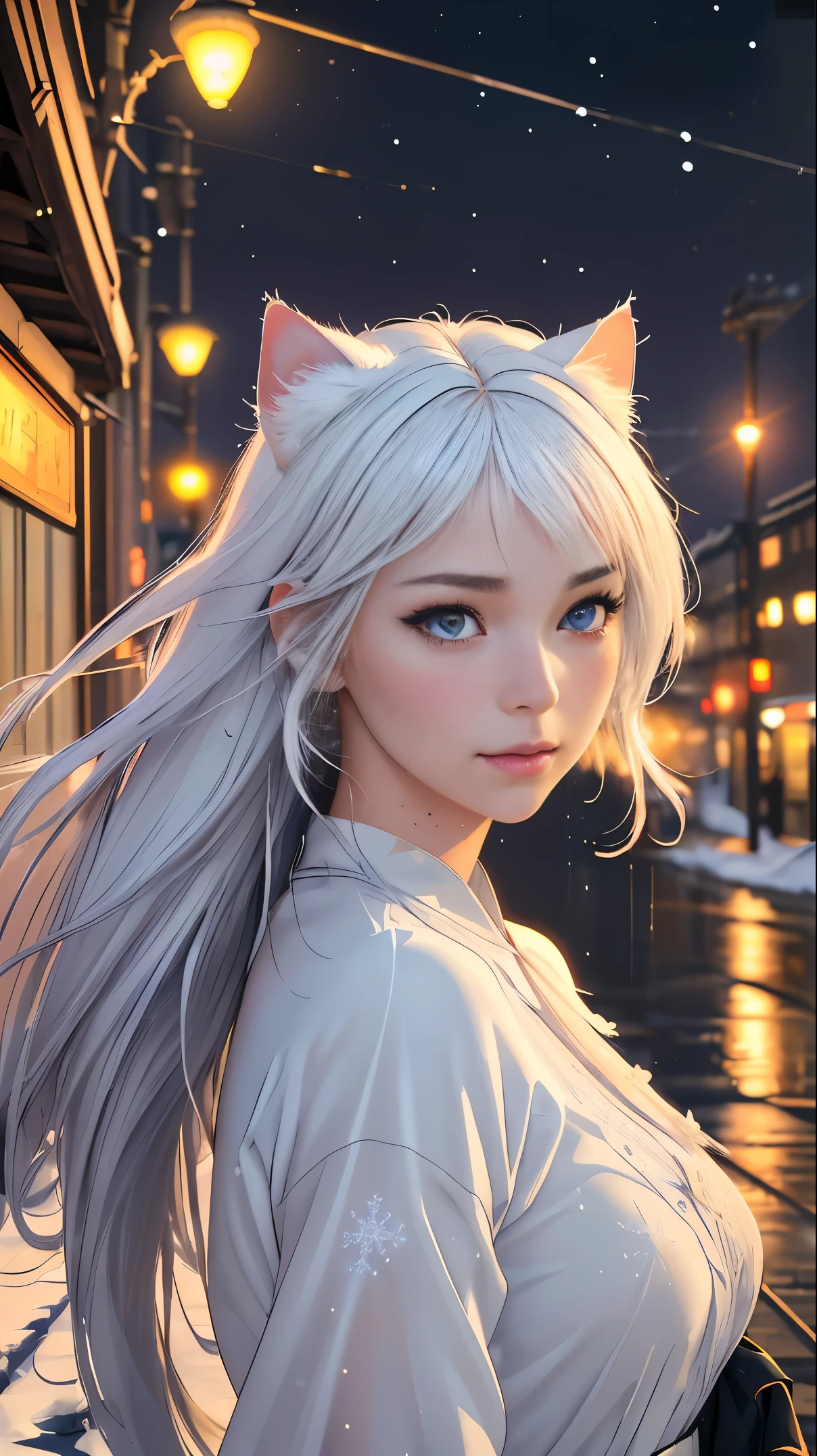 (best quality,4k,8k,highres,masterpiece:1.2),ultra-detailed,(realistic,photorealistic,photo-realistic:1.37),1girl,ebenya,looking at viewer,beautiful detailed eyes,beautiful detailed lips,extremely detailed eyes and face,longeyelashes,white hair,neko,cat ears,cat tail,white shirt,open clothes,russian city,ba-shiroko,portraits,vivid colors,sharp focus,studio lighting,dazzling neon lights,urban atmosphere,romantic vibes,snow landscape,flying snowflakes,dynamic map,crystalline architecture,icy streets,blurred crowd,peaceful evening,Glowing snowflakes,gorgeous skyline,snow-covered rooftops,cruise along the river,City landmarks,pedestrian walkway,Mist sprays out of people's mouths,streetlights reflecting on the wet pavement,cold breath visible in the air