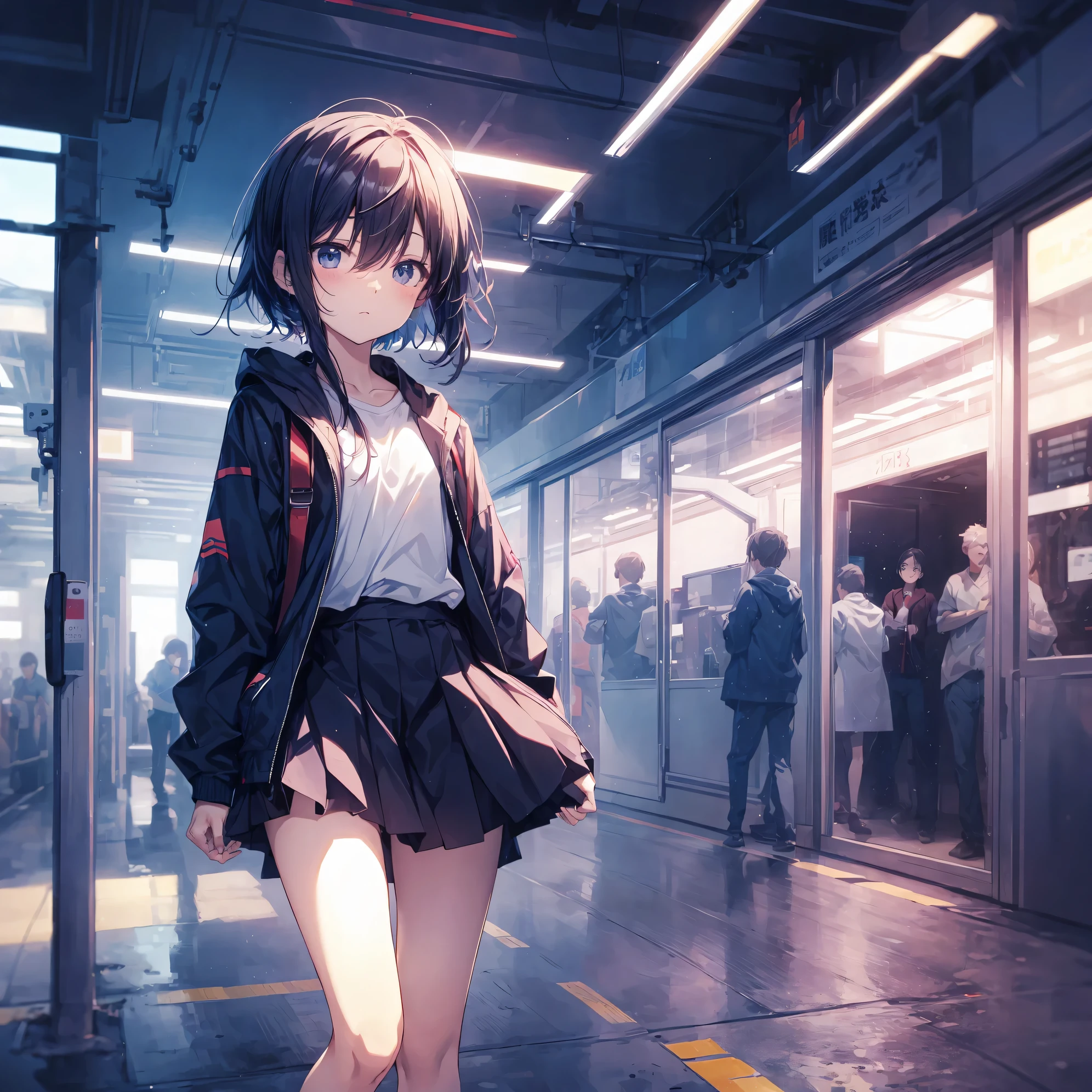 Super high quality by the art god, Ultra-detailed, High resolution, Shinkai Makoto style, anime moe art style, best anime 8K konachan wallpaper, Pixiv Contest Winner, Perfect Anatomy, BREAK,(Please draw a sleepy girl going to school alone.. ),BREAK, 1girl in, (Solo,Lori,,13yea:1.3),Full limbs, complete fingers,a junior gynous attraction, (Very short hair), hair messy, flat chest, Small butt, groin, Small eyes,Beautiful detailed black eyes, Well-proportioned iris and pupils, disgusted eye, High resolution detailed hair, School uniform, Skirt, On the way to school. BREAK,Ultra-detailed細なスキン, Best lighting by famous artists, 8K,Cute illustration,