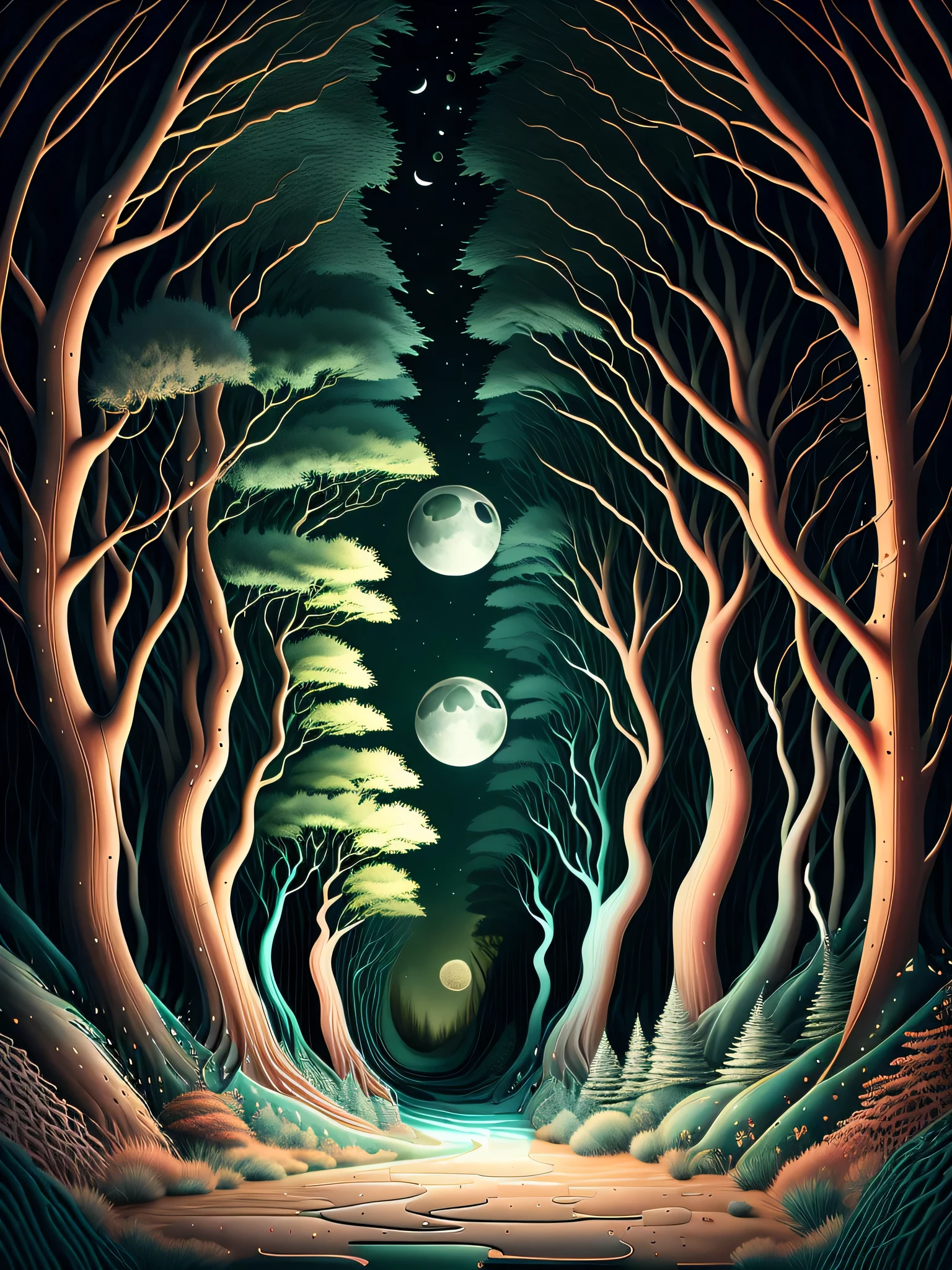 Lunar Glade envelops us in a magical moonlit forest scene constructed from fractured planes. Shards of blue, green, and white overlap to form a shimmering forest glade, the geometric foliage glinting as if beset with dewdrops. The otherwise perplexing intersection of triangular tree shapes is given context by the perfect full moon hovering above, its glowing white form casting a soft polynomials overlay the scene, their edges smoothed by the lunar glow. Though the abstracted forms confuse the eye at first glance, focus on the serene moon at the artwork's pinnacle serves to orient the viewer within this cubist nighttime haven. Backlit leaves fractured into countless prismatic shards ripple in an unfelt breeze. The strange dimensionality of the scene reinforces the mystique of the forest at night, where the moon's revealing light plays tricks with perception and shadow. Lunar Glade provides a portal into an enchanted woodland realm, the moonlight filtering through the fractured shapes to transport us in lucid dreaming to a place where geometry and nature intertwine.