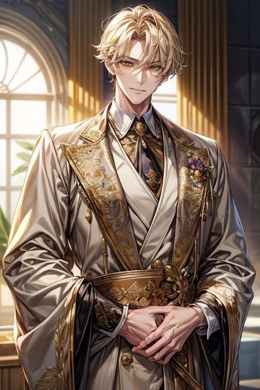 ((masterpiece:1.2、top-quality))、1male people((Short straight hair、dark yellow hair))、Yellow eyes(a handsome:1.4)、long eyelashes、white suit、Fantasia、校服、royalty、flower garden、blooming flowers、sunlights、Fantastic Light and Shadow、Scenery of the Royal Palace、extra detailed face、Invincible smile、Depiction in motion、Tホテルのmasterpiece,best qualtiy,As a man-、アニメa handsomeな男,Wearing strict royal attire, white and gold royal costume, a handsomeなアニメのポーズ, a handsomeな見事なリアルな,Eyes are yellow、Center division、Forehead、A sexy、Tall、190cm、manly、handsome man、Beautiful shape、Best style、cool expression、Model Pose、A sweet smile