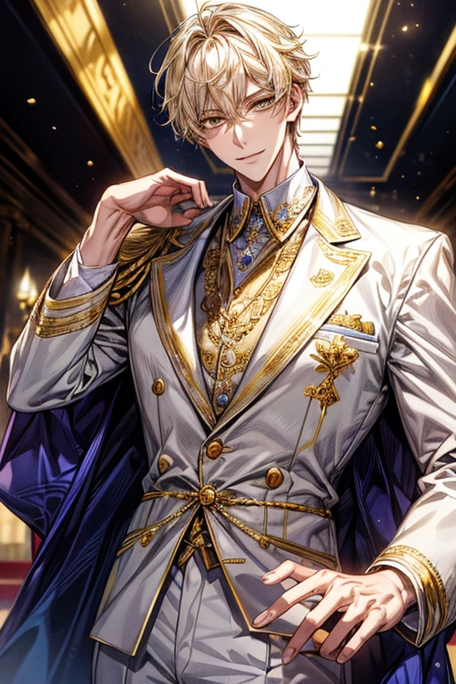 ((masterpiece:1.2、top-quality))、1male people((Short straight hair、dark yellow hair))、Yellow eyes(a handsome:1.4)、long eyelashes、white suit、Fantasia、校服、royalty、flower garden、blooming flowers、sunlights、Fantastic Light and Shadow、Scenery of the Royal Palace、extra detailed face、Invincible smile、Depiction in motion、Tホテルのmasterpiece,best qualtiy,As a man-、アニメa handsomeな男,Wearing strict royal attire, white and gold royal costume, a handsomeなアニメのポーズ, a handsomeな見事なリアルな,Eyes are yellow、Center division、Forehead、A sexy、Tall、190cm、manly、handsome man、Beautiful shape、Best style、cool expression、Model Pose、A sweet smile