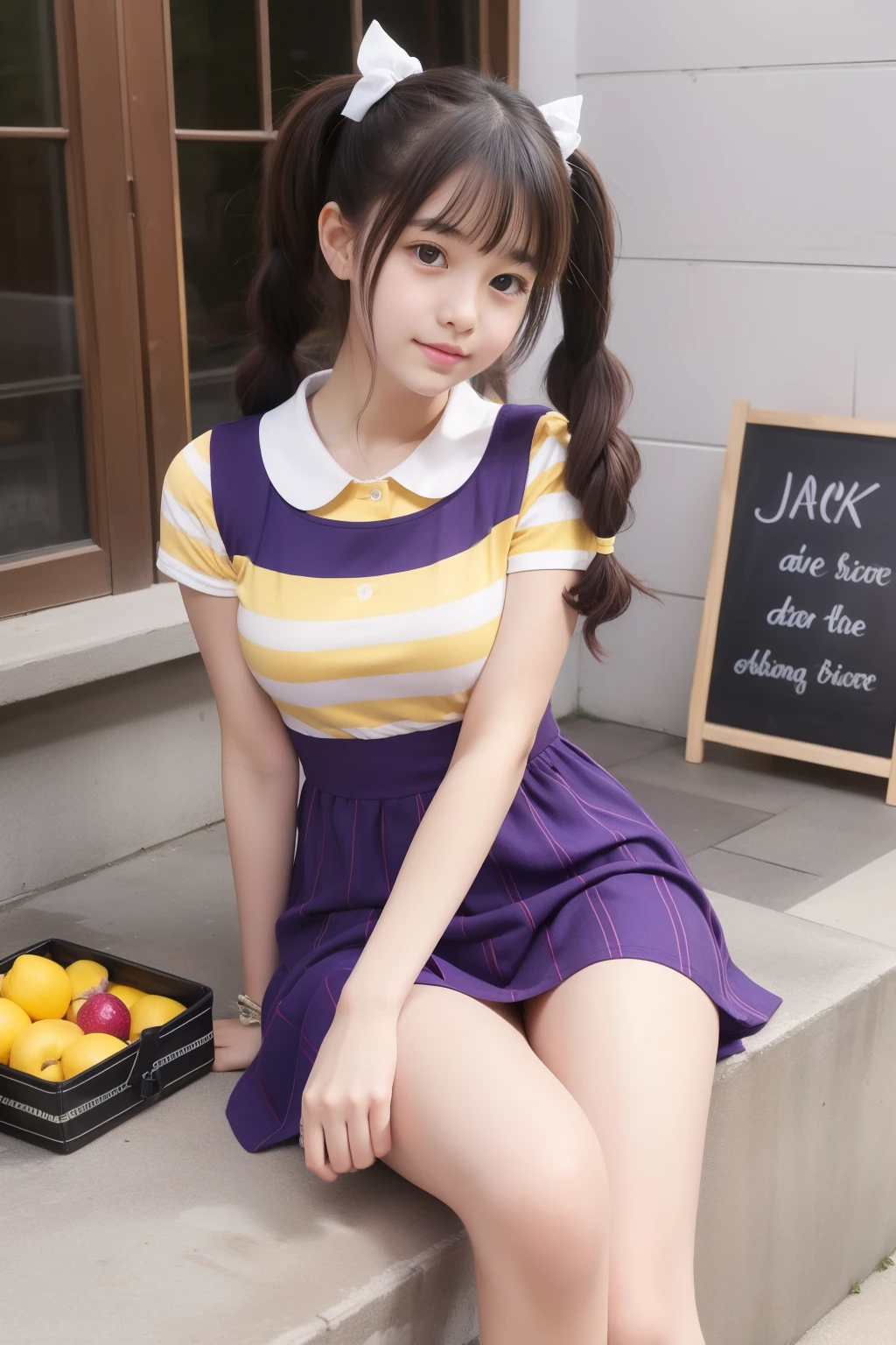 15 year old girl、Esbian、purple and yellow striped mini dress、Looks fun、thick legs、pigtails hair