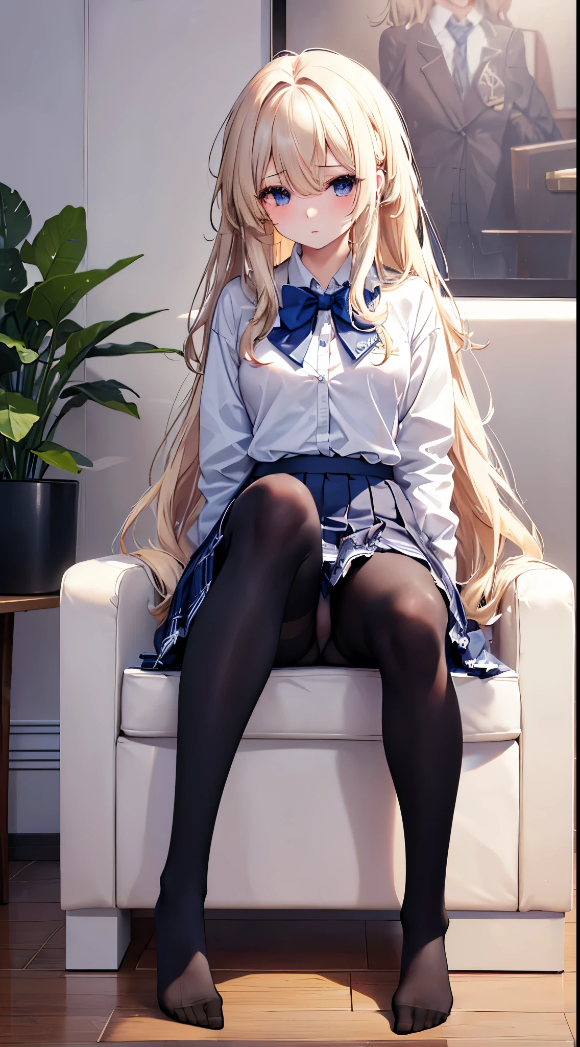 Finest, masterpiece, high definition, (full body), frontal, symmetrical, mature high school girl, solo, (full body from head to toe), small breasts, long hair, slightly messy hair, (black tights), ( (black pantyhose), black pantyhose, (composition where she is made to sit and lift her legs and make her legs open), composition showing white panties, slender beautiful legs, a very beautiful -yeld gi(not wearing shoes) legs), blushing, shy big eyes, messy hair, looking at camera, showing white panties, white frilly lingerie, high school uniform blazer, high school uniform White blouse, high school uniform with blue ribbon, high school uniform with short plaid pattern and navy pleated skirt