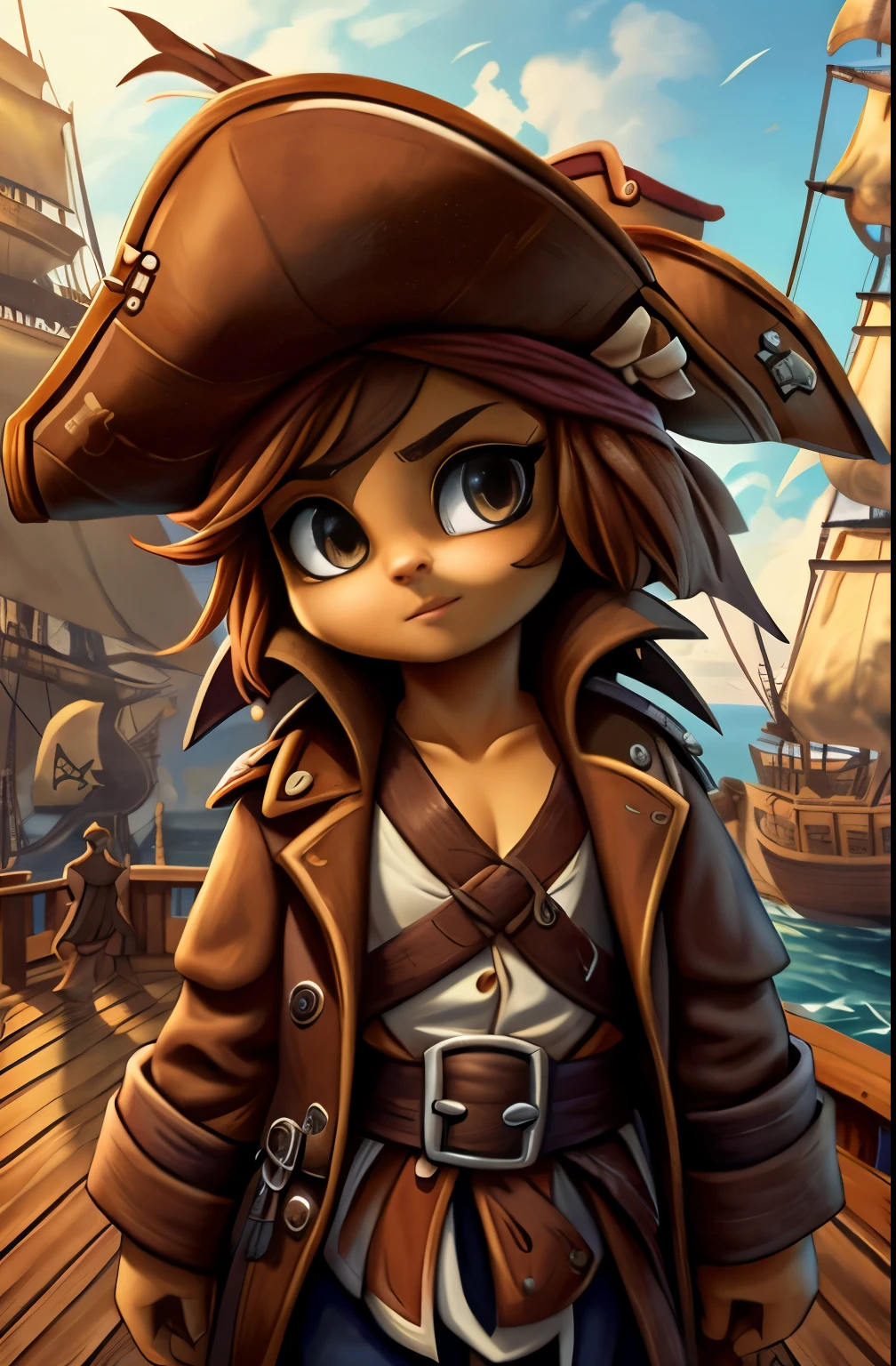 Dramatic lighting, Highest quality, film movie still, (Charming Anne Bonny, Dressed in dirty tattered pirate costumes, Stand on the deck of a pirate ship docked in a Caribbean port), grimy, Dark atmosphere, Toned body, (ripped clothing:0.8), Perfect face, view the viewer, (Detailed skin), [Tattooreckle], ((Dirty)), (muddy), (dark cloude:0.7), (Stormy weather:0.5), Dull, Natural lighting, (direct light:0.4), 8mm film grain, photographed on a Sony a9 II, 24mm lens, f/2.8 aperture, Deep focus, (primitive), 8K, (Stills from《The Lost Pirate Kingdom》) nude