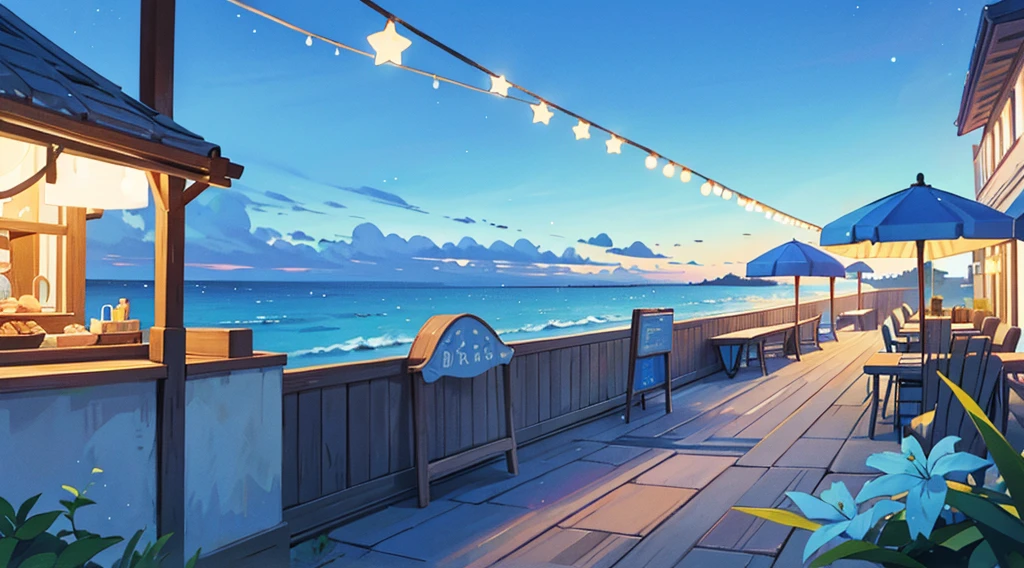 seaside cafe terrace, summer blue sky, star shaped lighting, calming scenery