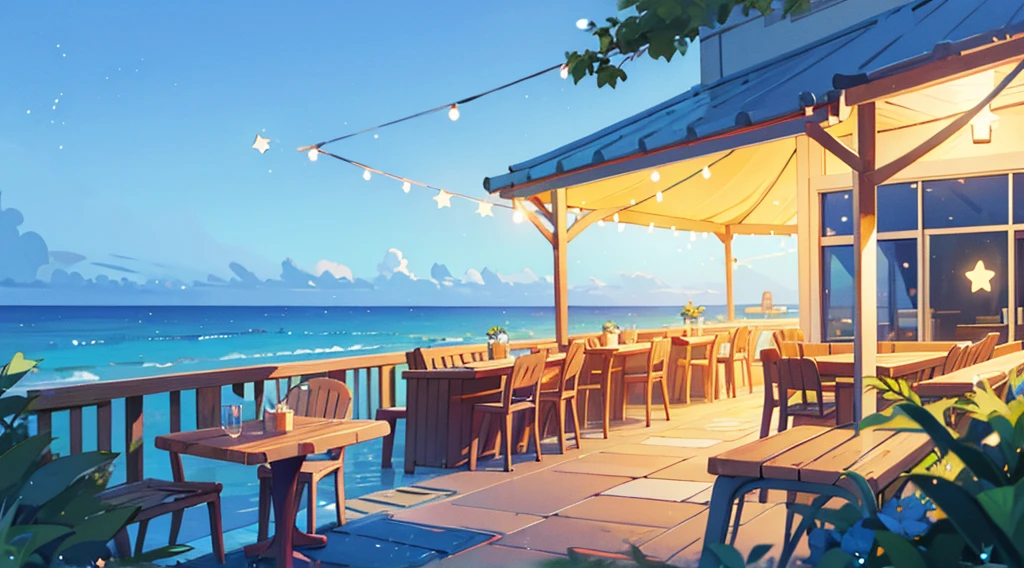 seaside cafe terrace, summer blue sky, star shaped lighting, calming scenery