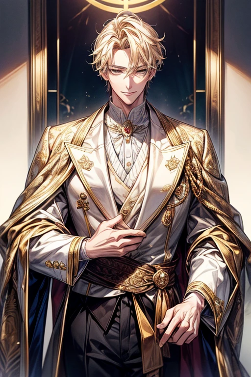((​masterpiece:1.2、top-quality))、1male people((Short straight hair、dark yellow hair))、Yellow eyes(a handsome:1.4)、long eyelashes、white suit、Fantasia、校服、royalty、flower garden、blooming flowers、sunlights、Fantastic Light and Shadow、王宮のflower garden、extra detailed face、Invincible smile、Depiction in motion、Tホテルの​masterpiece，best qualtiy，As a man-、アニメa handsomeな男,Wearing strict royal attire, white and gold royal costume, a handsomeなアニメのポーズ, a handsomeな見事なリアルな,Eyes are yellow、Center division、Forehead、A sexy、Tall、190cm、manly、handsome man、Beautiful shape、Best style、Cool face、Model Pose、awkward smile