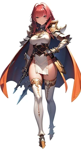 (((Best Quality))) , ((full body)), female, reference sheet, solo, (white background), holding weapon, cloak, gauntlets, holding shield, armored dress, waist armor, loincloth, pelvic curtain,  blue, orange, green, violet, brown, white, thigh high,