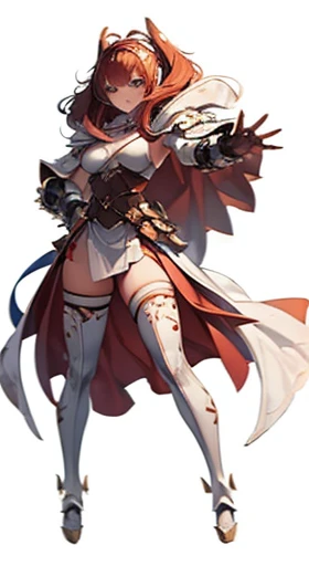 (((Best Quality))) , ((full body)), female, reference sheet, solo, (white background), holding weapon, cloak, gauntlets, holding shield, armored dress, waist armor, loincloth, pelvic curtain,  blue, orange, green, violet, brown, white, thigh high, cloak,