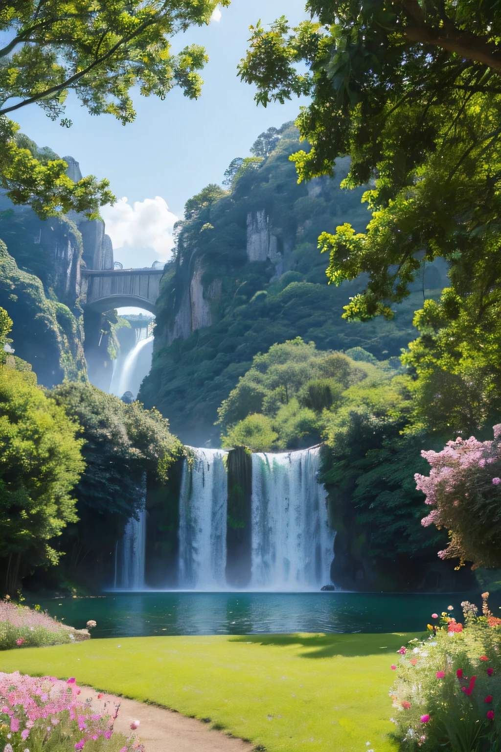 Ghibli style scenery,in a panoramic view,Cute little girl s,largeeyes,your nose,laughing joyfully,Put a garland on your head,Followed by a pet puppy,Meadows full of flowers,springtime,Volumetriclighting,Tyndall rays travel through the woods correctly,The beautiful,Volop,digitial painting,trends in art station,The is very detailed,Epic work,official media,8k ultra high definition