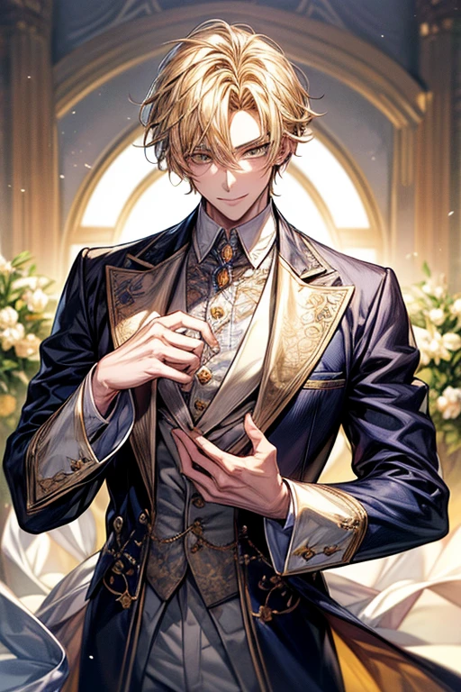 ((masterpiece:1.2、top-quality))、1male people((Short straight hair、dark yellow hair))、Yellow eyes(a handsome:1.4)、long eyelashes、white suit、Fantasia、校服、royalty、flower garden、blooming flowers、sunlights、Fantastic Light and Shadow、王宮のflower garden、extra detailed face、Invincible smile、Depiction in motion、Tホテルのmasterpiece,best qualtiy,As a man-、アニメa handsomeな男,Wearing strict royal attire, white and gold royal costume, a handsomeなアニメのポーズ, a handsomeな見事なリアルな,Eyes are yellow、Center division、Forehead、A sexy、Tall、190cm、manly、handsome man、Beautiful shape、Best style、Cool face、Model Pose、awkward smile