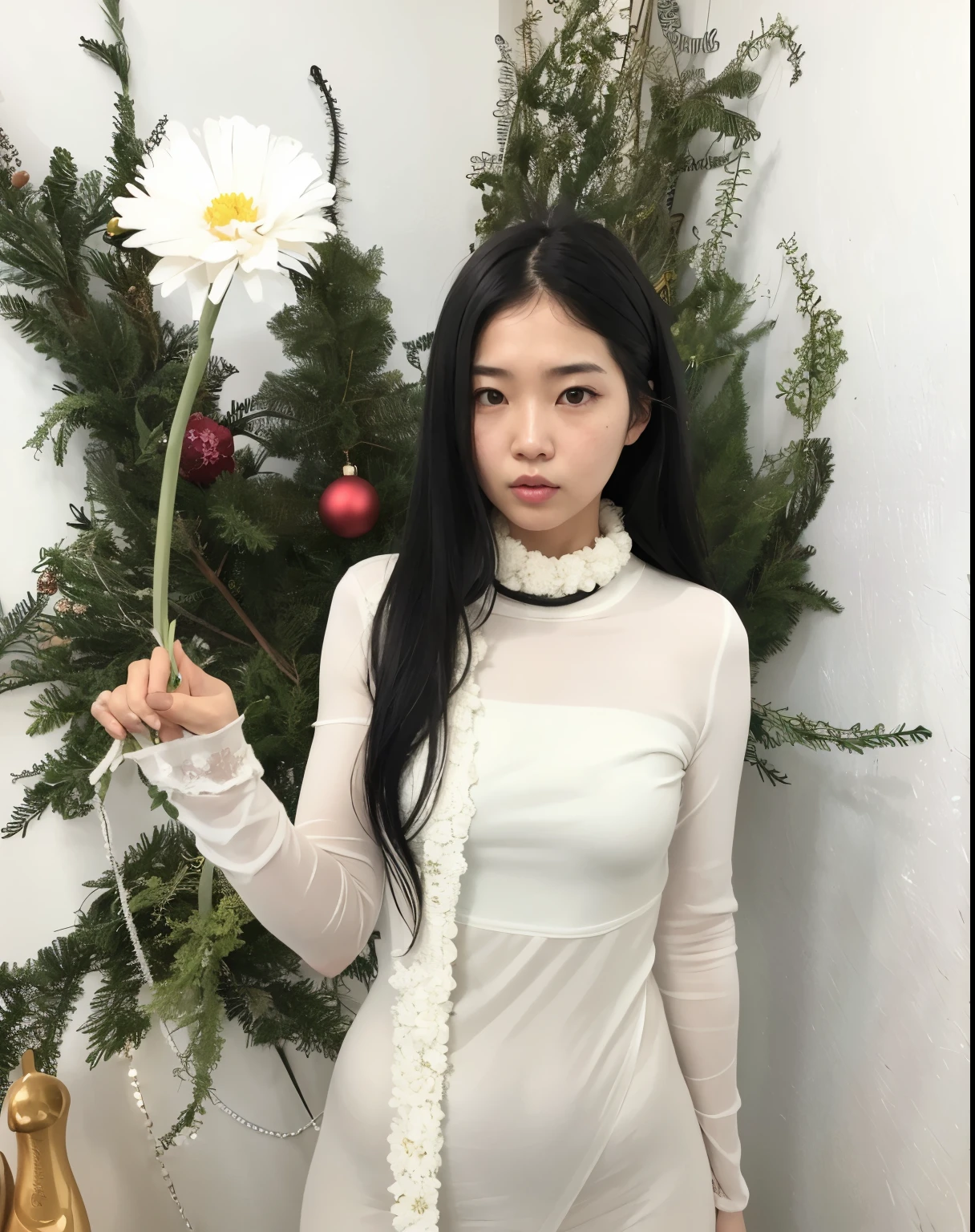 there is a woman holding a flower in front of a christmas tree, Jaeyeon Nam, Heonhwa Choe, Ulzzang, Jinyoung Canela, Gongbi, jennie blackpink, Kim Doyoung, Parque Roseanne do Blackpink, Lee Ji - Eun, Seseon Yoon, Lee Ji-eun, com flores congeladas ao seu redor, TaeJune Kim, com flores