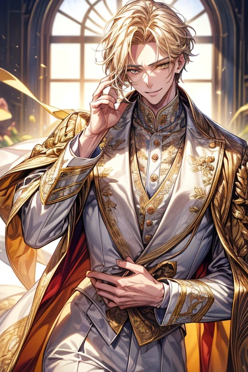 ((​masterpiece:1.2、top-quality))、1male people((Short straight hair、dark yellow hair))、Yellow eyes(a handsome:1.4)、long eyelashes、white suit、Fantasia、校服、royalty、flower garden、blooming flowers、sunlights、Fantastic Light and Shadow、王宮のflower garden、extra detailed face、Invincible smile、Depiction in motion、Tホテルの​masterpiece，best qualtiy，As a man-、アニメa handsomeな男,Wearing strict royal attire, white and gold royal costume, a handsomeなアニメのポーズ, a handsomeな見事なリアルな,Eyes are yellow、Center division、Forehead、A sexy、Tall、190cm、manly、handsome man、Beautiful shape、Best style、Cool face、Model Pose、awkward smile、Raking up hair