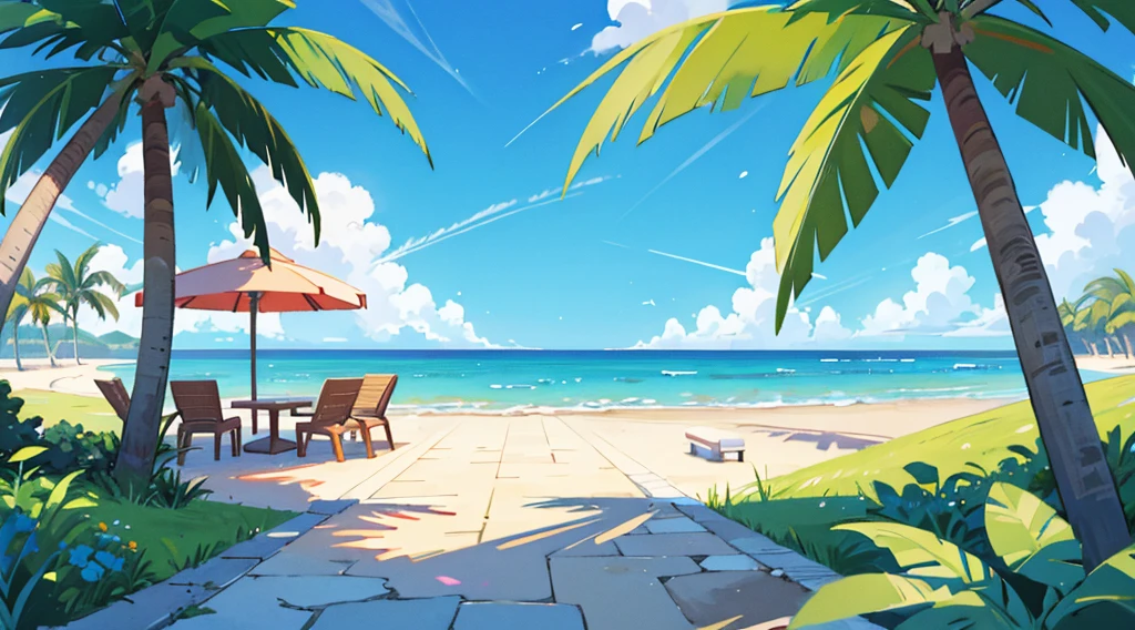 seaside cafe terrace, summer blue sky, palm tree, calming scenery