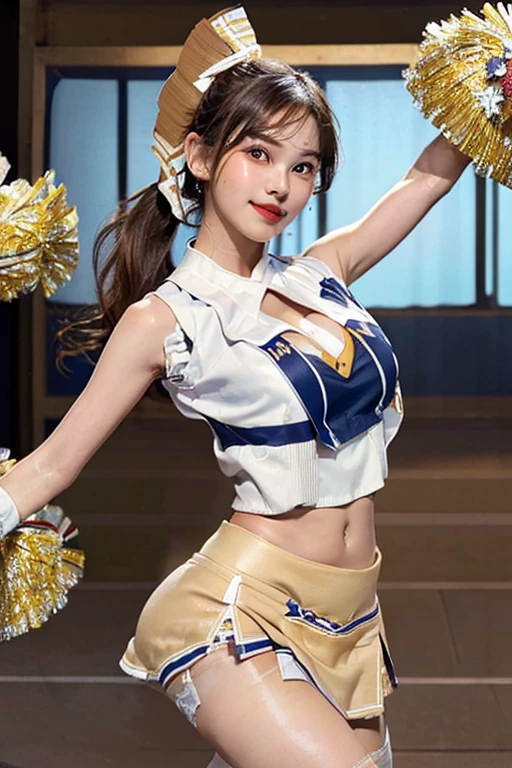 highest quality, masterpiece, (photorealistic, realistic, natural light:1.2), 16K, best aesthetic, (ultra high res, extremely detailed, fairly detailed skin texture:1.3), (correct anatomy:1.5), ((from front view:1.3)), 1 girl, solo, Japanese teen, ((looking at viewer, cowboy shot:1.4)), 15 years old, (brown hair, ponytail:1.4), brown eyes, (naturally bright eyes:1.2), (tan, tall nose:1.5), beautiful nose and lips, ((light smile:1.1)), ((cheerleader:1.5)), (tall, slender:1.5), (beautiful breast:1.3), ((cleavage:1.2)), ((sleeveless:1.5)), (((stomach cutout, naval:1.3))), ((mini skirt:1.5)), (((dancing:1.5)))
