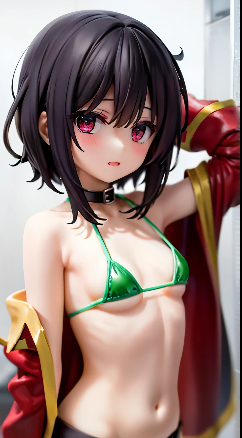 Real Style, neoartcore、Megumin、1girl in、Plain shoulderlack cloak、A dark-haired、red blush、cape、a choker、鎖骨、See-through micro bikini、Hair between the eyes、see the beholder、middle hair、off shoulders、red eyes、side locks、独奏、((masterpiece)), tits out, small tits