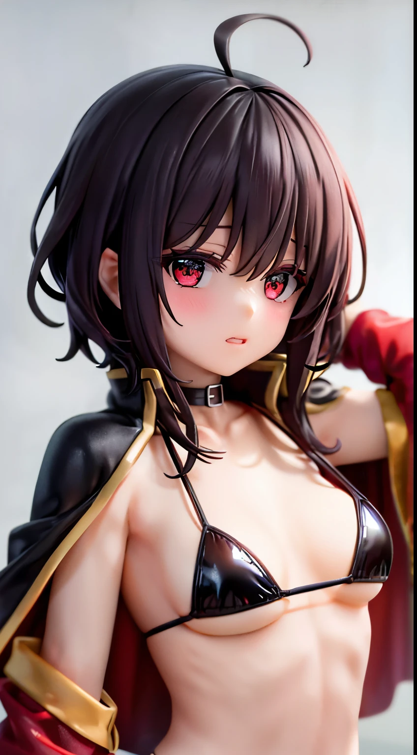 Real Style, neoartcore、Megumin、1girl in、Plain shoulderlack cloak、A dark-haired、red blush、cape、a choker、鎖骨、See-through micro bikini、Hair between the eyes、see the beholder、middle hair、off shoulders、red eyes、side locks、独奏、((masterpiece)), tits out, small tits