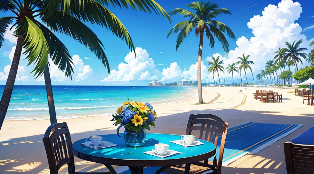seaside cafe terrace, summer blue sky, palm tree, calming scenery