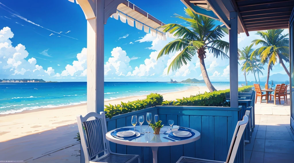 seaside cafe terrace, summer blue sky, palm tree, calming scenery