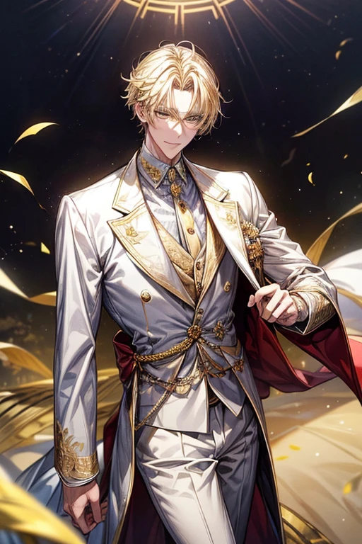 ((masterpiece:1.2、top-quality))、1male people((Short straight hair、dark yellow hair))、Yellow eyes(a handsome:1.4)、long eyelashes、white suit、Fantasia、校服、royalty、flower garden、blooming flowers、sunlights、Fantastic Light and Shadow、王宮のflower garden、extra detailed face、Invincible smile、Depiction in motion、Tホテルのmasterpiece,best qualtiy,As a man-、アニメa handsomeな男,Wearing strict royal attire, white and gold royal costume, a handsomeなアニメのポーズ, a handsomeな見事なリアルな,Eyes are yellow、Center division、Forehead、A sexy、Tall、190cm、manly、handsome man、Beautiful shape、Best style、Cool face、Model Pose、awkward smile、despise