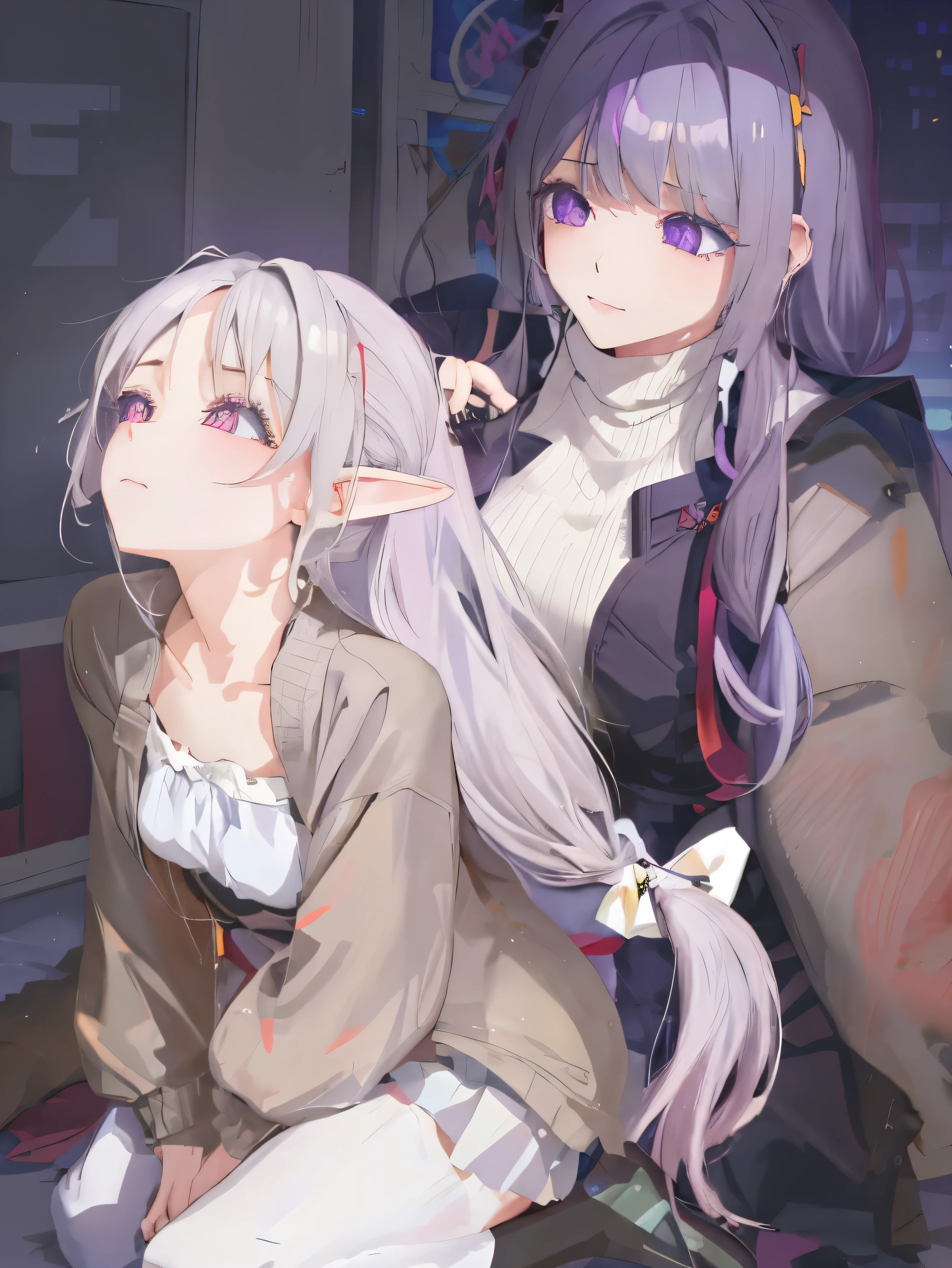 Anime style image of two women with long purple hair, Old gray hair, silber hair (pony tails), WLOP and Sakimichan, some grey hair, silber haired, 灰White hair, White hair, hidari and vlop, author：Read article, through new art, by Shitao, from the girl, Has white hair, Girly frontline style