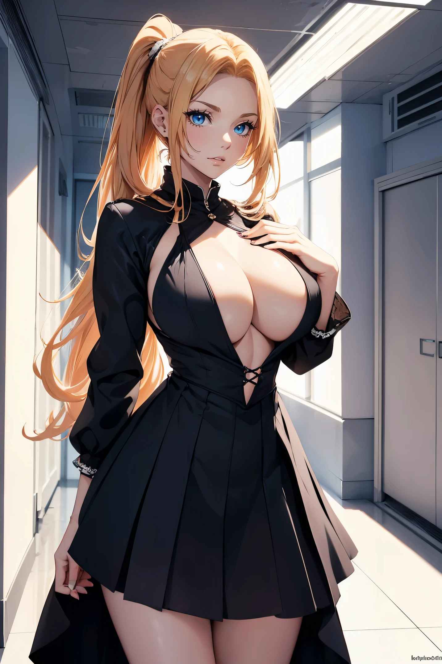 The perfect woman in every detail,aphrodisiac,fascinating, dress, ponytail hair, perfect eyes, provocative,standing and greeting, dust particles, white building , white walls, white room decor, masterpiece, gigantic breasts, blue eyes, strawberry blonde hair, (black skirt),