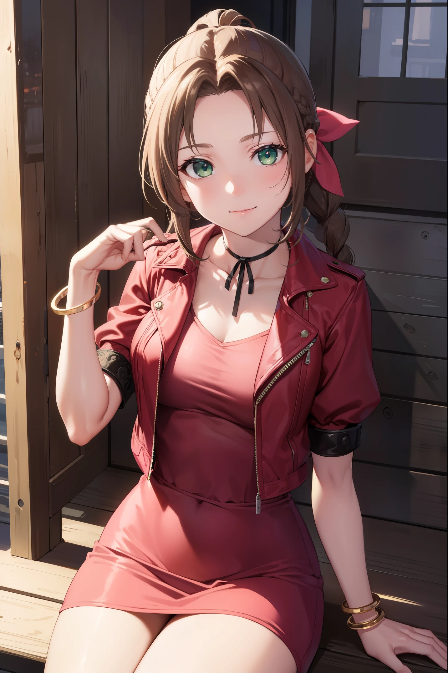 aerith gainsborough, braid, braided ponytail, (green eyes:1.5), hair ribbon, long hair, parted bangs, brown hair, sidelocks, (medium breasts),
BREAK bangle, bracelet, choker, cropped jacket, dress, jacket, jewelry, long dress, pink dress, pink ribbon, puffy short sleeves, puffy sleeves, red jacket, ribbon, short sleeves,
BREAK looking at viewer,cowboy shot,
BREAK outdoor,flower
BREAK (masterpiece:1.2), best quality, high resolution, unity 8k wallpaper, (illustration:0.8), (beautiful detailed eyes:1.6), extremely detailed face, perfect lighting, extremely detailed CG, (perfect hands, perfect anatomy),sitting,smile