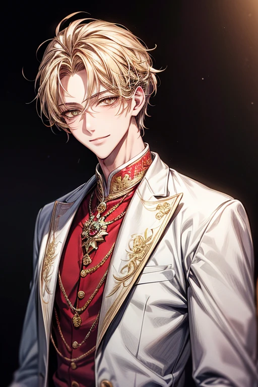 ((​masterpiece:1.2、top-quality))、1male people(((Short straight hair、dark yellow hair)))、Yellow eyes(a handsome:1.4)、long eyelashes、white suit、Fantasia、校服、royalty、flower garden、blooming flowers、sunlights、Fantastic Light and Shadow、((王宮のflower garden))、extra detailed face、Invincible smile、Depiction in motion、Tホテルの​masterpiece，best qualtiy，As a man-、アニメa handsomeな男,Wearing strict royal attire, white and gold royal costume, a handsomeなアニメのポーズ, a handsomeな見事なリアルな,Eyes are yellow、Center division、Forehead、A sexy、Tall、190cm、manly、handsome man、Beautiful shape、Best style、Cool face、Model Pose、awkward smile、