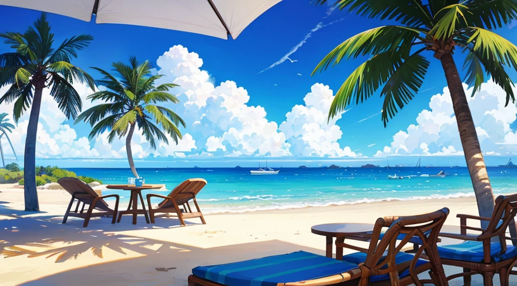 seaside cafe terrace, summer blue sky, palm tree, calming scenery