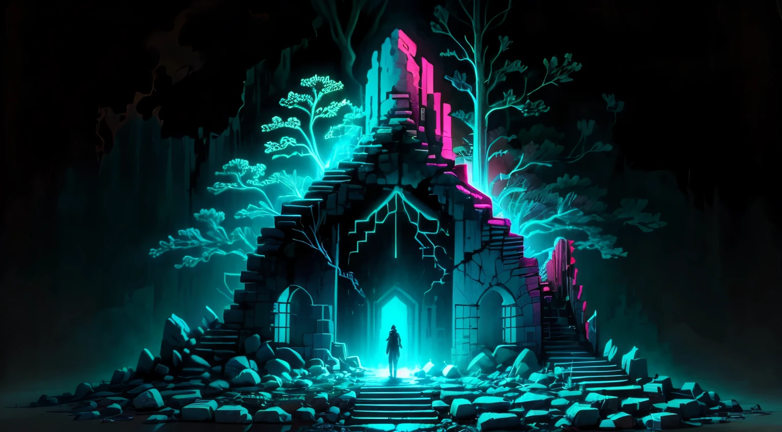 (best quality,4k,8k,highres,masterpiece:1.2),ultra-detailed,(realistic,photorealistic,photo-realistic:1.37),ruins glowing silhouette, starry sky, neon_outline, surreal, vibrant colors, dynamic lighting, ancient futuristic, mysterious atmosphere, otherworldly, atmospheric perspective, There is no lighting in the ruins.