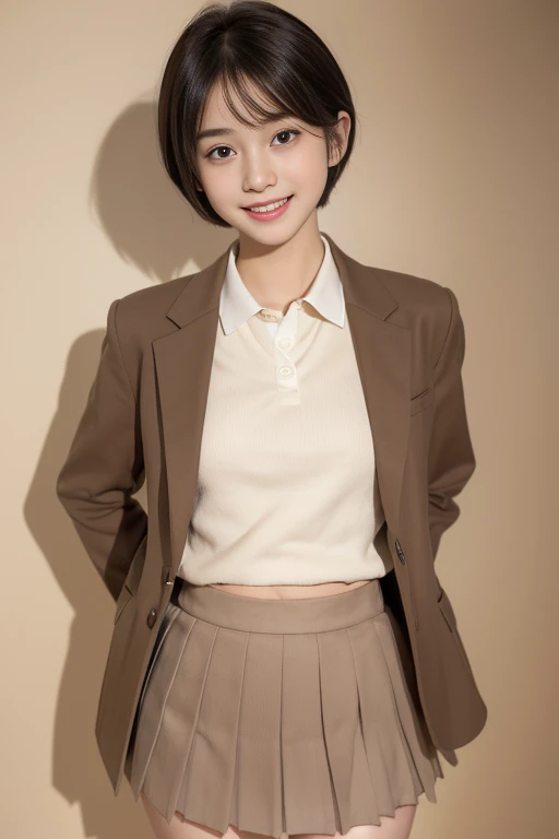 (((masterpiece))), (One beautiful Japan girl, Pure and innocent,kawaii) ,超A high resolution, Realistic, ultra-detailliert, 8K,top-quality, Extremely detailed, A slender,very beautiful japanese girl, Detailed face:1.3), (Boyish short-haired,A dark-haired :1.4), (a baby face,kawaii系,adorable 14 year old girls), (Perfect body:1.1), (Brown blazer, Brown pleated mini skirt),Please show me your beautiful teeth,Bursting smile, Super Detailed Face、Detailed lips、A detailed eye、small gravure idol,Transparent skin,Lori,Japanese high school uniform with school emblem on the chest