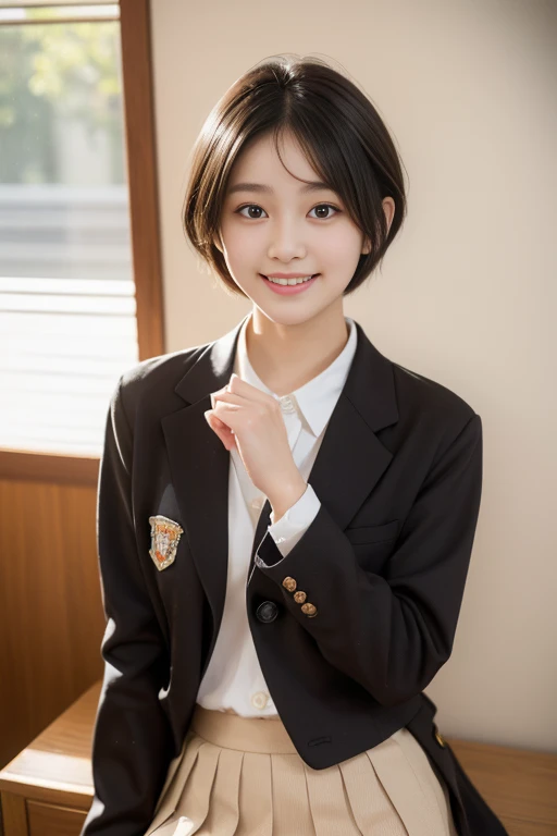 Best-quality, Masterpiece, Ultra-High-Resolution, (Photorealistic:1.4), Raw-Photo, 1girl, solo, 12-years-old, the most famous Japanese idol, (wearing Japanese-high-school-uniform), innocent smile, (extremely cute face like the most popular Japanese idol, (((extremely beautiful big-black-eyes))), extremely beautiful black-short-cut-haired), extremely beautiful long-eyelashes, extremely beautiful lips, extremely beautiful skins, detailed Japanese-high-school-uniform