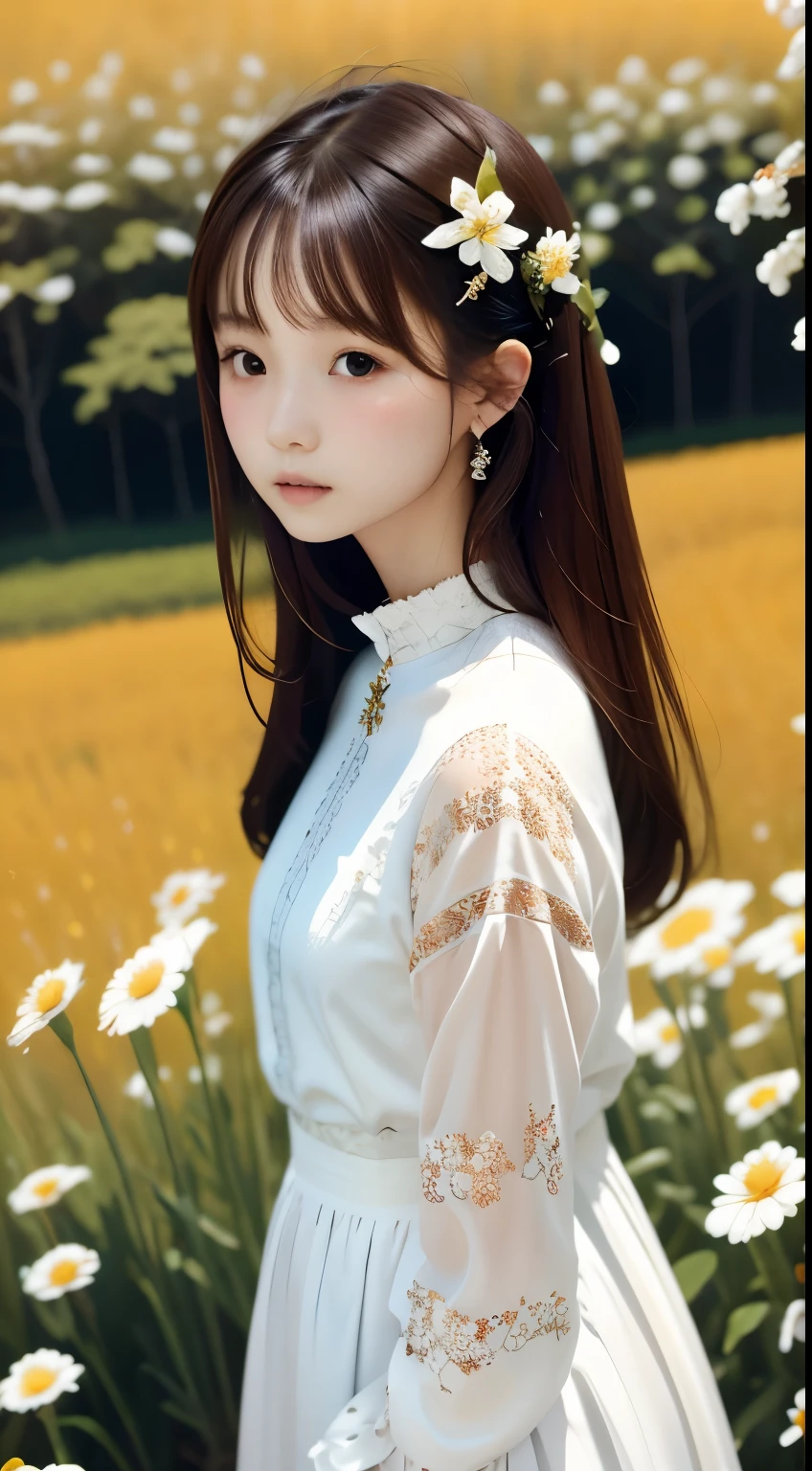 Photorealistic, High resolution, Soft light,1womanl, 16years old、、Japanese、Solo, hips up high, glistning skin, (Detailed face),Jewelry, Brown hair, white_Dress Flower Field,(Dynamic Angle:1.1),Vivid,Soft and warm color palette, Delicate brushwork, Targeted use of light and shadow, Wide Shot,The deliciousness of wilted flowers,High contrast,Color contrast,masuter piece:1.3、