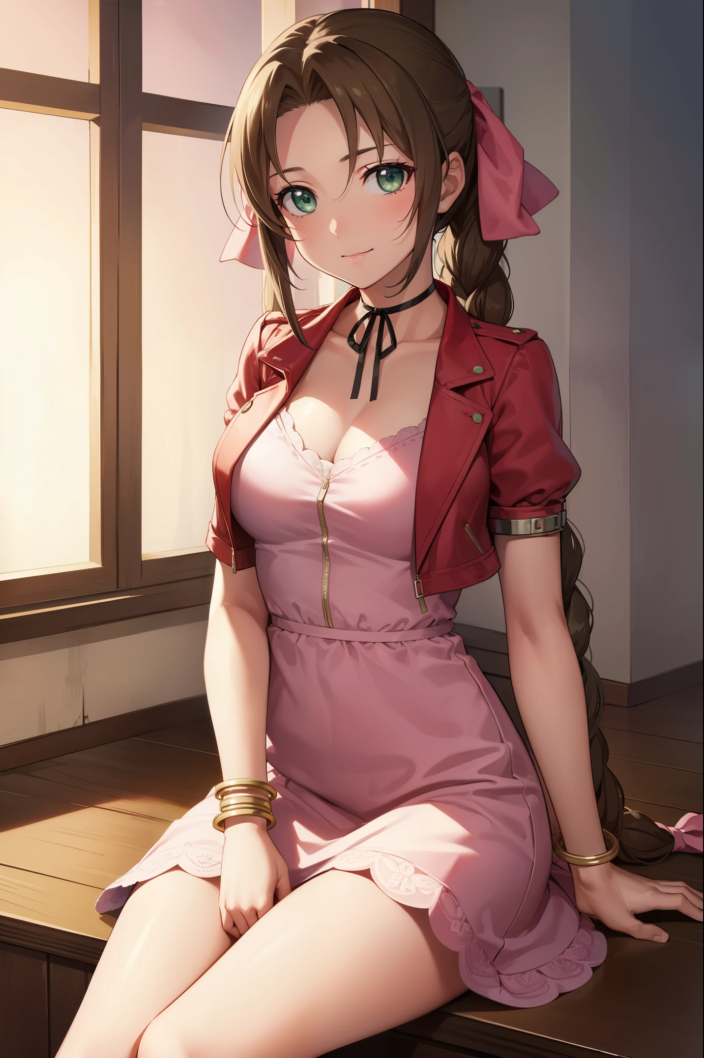 aerith gainsborough, braid, braided ponytail, (green eyes:1.5), hair ribbon, long hair, parted bangs, brown hair, sidelocks, (medium breasts),
BREAK bangle, bracelet, choker, cropped jacket, dress, jacket, jewelry, long dress, pink dress, pink ribbon, puffy short sleeves, puffy sleeves, red jacket, ribbon, short sleeves,
BREAK looking at viewer,cowboy shot,
BREAK indoors,
BREAK (masterpiece:1.2), best quality, high resolution, unity 8k wallpaper, (illustration:0.8), (beautiful detailed eyes:1.6), extremely detailed face, perfect lighting, extremely detailed CG, (perfect hands, perfect anatomy),sitting,smile