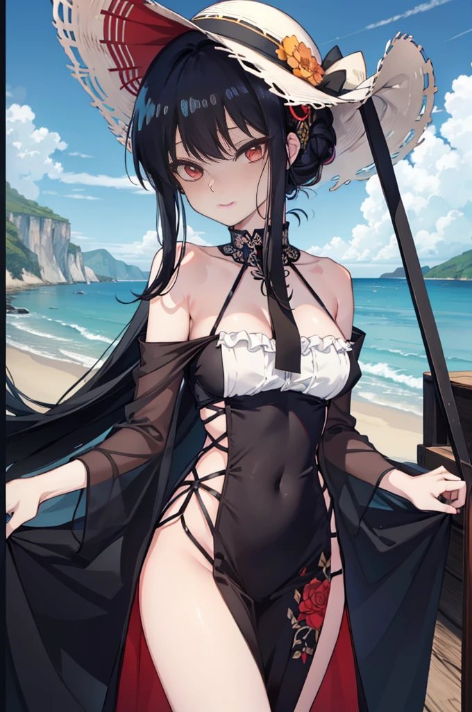 Yorubri Arata, Jorub Rayarrata, Bangs, side locks, shairband, (Red Eyes:1.5), Black hair,Long Straight,Red long skirt integrated dress,He is wearing a large straw hat.,Coastal Pass,The wind is blowing,a smile,red blush,歩いてる
BREAK looking at viewer, (Cowboy Shot:1.5),
BREAK (masutepiece:1.2), Best Quality, High resolution, Unity 8k壁纸, (Illustration:0.8), (Beautiful detailed eyes:1.6), extra detailed face, Perfect Lighting, extremely details CG, (Perfect hands, Perfect Anatomy),