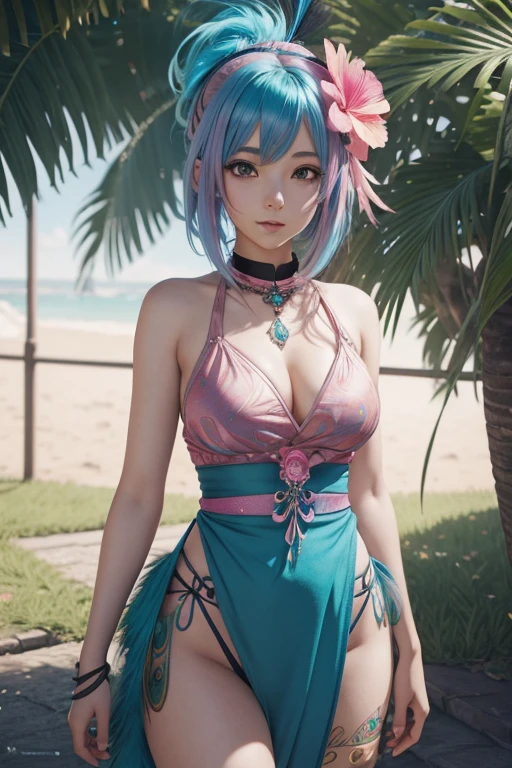 Girl with blue-pink hair and peacock feathers, inspired by Nari Hiko-kun, CGSOCIETY, 🌺 anime style. 8K, anime style 3D, popular on CGSTATION, 8K high quality detail art, Guvez style artwork, fantasy art style, realistic anime 3D style, anime inspiration, anime style mixed with Fujifilm
