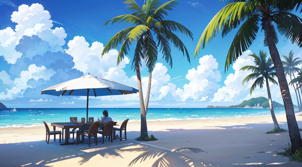 seaside cafe terrace, summer blue sky, palm tree, calming scenery