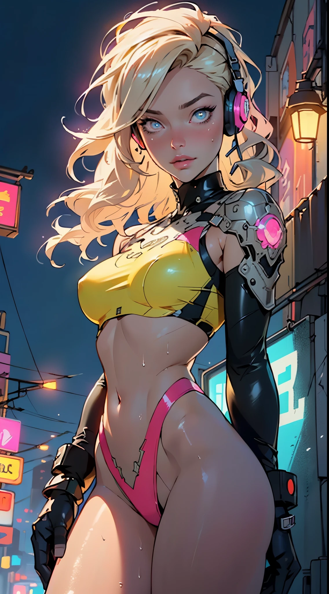girl swimmer,((girl with extremely cute and beautiful blonde hair)),
(large breasts:1.4),saggy breasts,(((very light blonde hair:1.35,straight hair,long hair:1.4,colored inner hair,ear breathing))),((heterochromia:1.5, (pink_eye and yellow_eye))),intricate eyes,beautiful detailed eyes,symmetrical eyes,((fat)),(((lustrous skin:1.5,bright skin: 1.5,skin tanned,shiny skin,very shiny skin,shiny body,plastic glitter skin,exaggerated shiny skin,illuminated skin, wet legs))),(spider lower abdomen,narrow waist,wide hip,athletic body,inflated legs, thick thighs,detailed body,(detailed face)),
cute,slutty,seductive,erotic,((nsfw)),
zettai ryouiki,((two-piece swimsuit magenta,wearing a bikini outfit:1.3,sport bikini)),(rgb headphones:1.5,cyber gloves:1.5,huge mech-gloves),((wet clothes,intricate outfit,intricate clothes,intricate swimsuit, intricate bikini)),
cyberpunk city by the ocean at night, with bright neon signs and dark stormy clouds and puddles, scenery:1.25,nighttime, starry night, cosmos,Very dark night that makes the neon lights stand out, very bright neon lights,nighttime, starry night, cosmos,
artistic photography,(photography taken by sldr),highres, sharp focus,(ultra detailed, extremely detailed), (photorealistic artwork:1.37),(extremely detailed CG unity 8k wallpaper),((synthwave background theme)),(((vibrant colors))),intricate,(intricate background),(masterpiece),(best quality),perfect rendered face,perfect face details,realistic face,photo realistic,analog style,((intricate detail)),(((realism))),