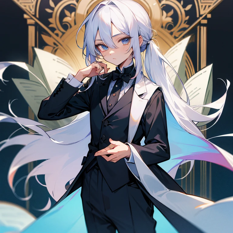Shota 2D handsome boy He has long white hair tied around his shoulders He wears butler-like clothes He has a book