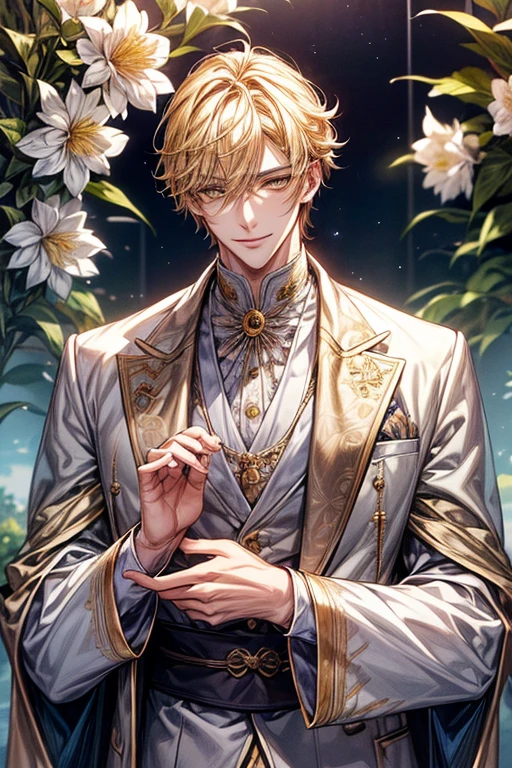 ((​masterpiece:1.2、top-quality))、1male people(((Short straight hair、dark yellow hair)))、Yellow eyes(a handsome:1.4)、long eyelashes、white suit、Fantasia、校服、royalty、flower garden、blooming flowers、sunlights、blue-sky、Fantastic Light and Shadow、王宮のflower garden、extra detailed face、Invincible smile、Depiction in motion、Tホテルの​masterpiece，best qualtiy，As a man-、アニメa handsomeな男,Wearing strict royal attire, white and gold royal costume, a handsomeなアニメのポーズ, a handsomeな見事なリアルな,Eyes are yellow、Center division、Forehead、A sexy、Tall、190cm、manly、handsome man、Beautiful shape、Best style、Cool face、Model Pose、awkward smile、